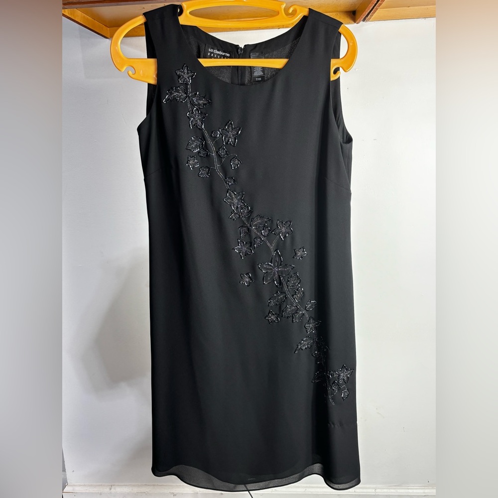 Liz Claiborne Petite Evening Sequins Floral Black A-line Flattering Dress 8P
